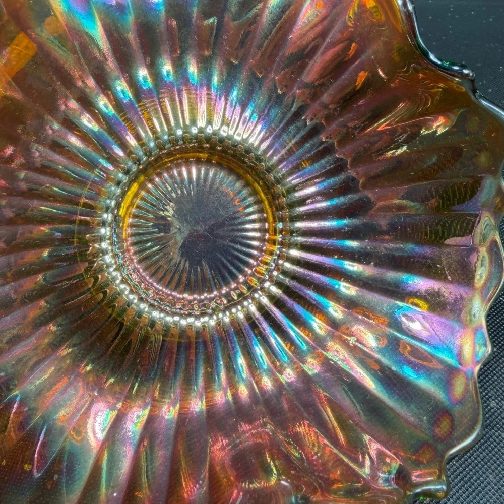 Vintage Carnival Glass Bowl Tri Corner Ruffled‎ Fluted Marigold Iridescent Green